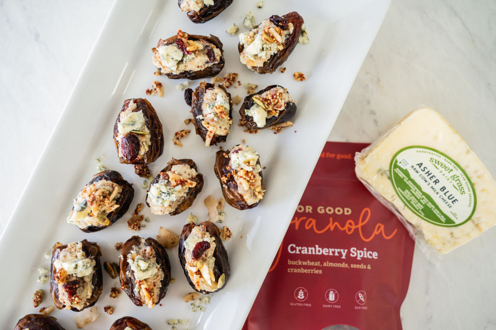 Stuffed Dates with For Good Granola and Asher Blue 