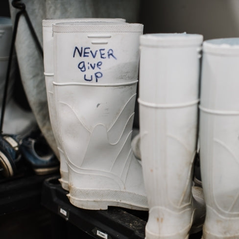 Work boots that read, "Never Give Up" to help describe the SGD Mission. 