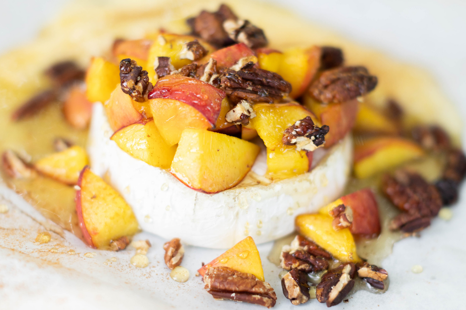 Baked Green Hill with Peaches and Pecans