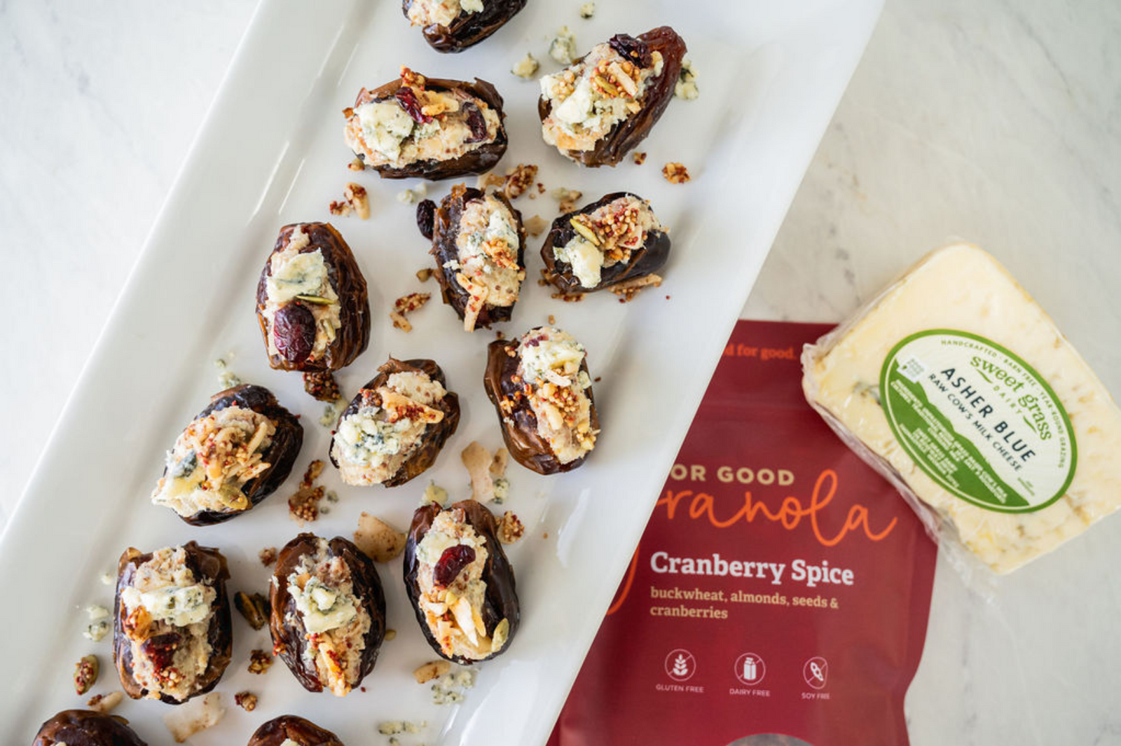 Stuffed Dates with For Good Granola and Asher Blue 