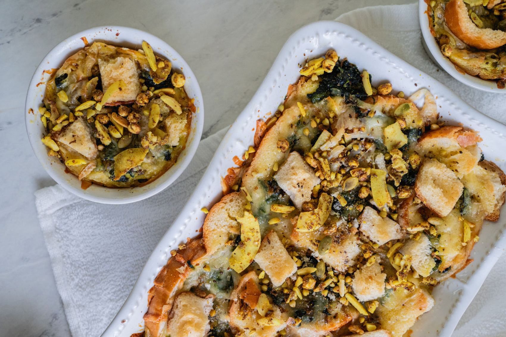 Spinach, Georgia Gouda, and Sweet Curry Strata with For Good Granola 