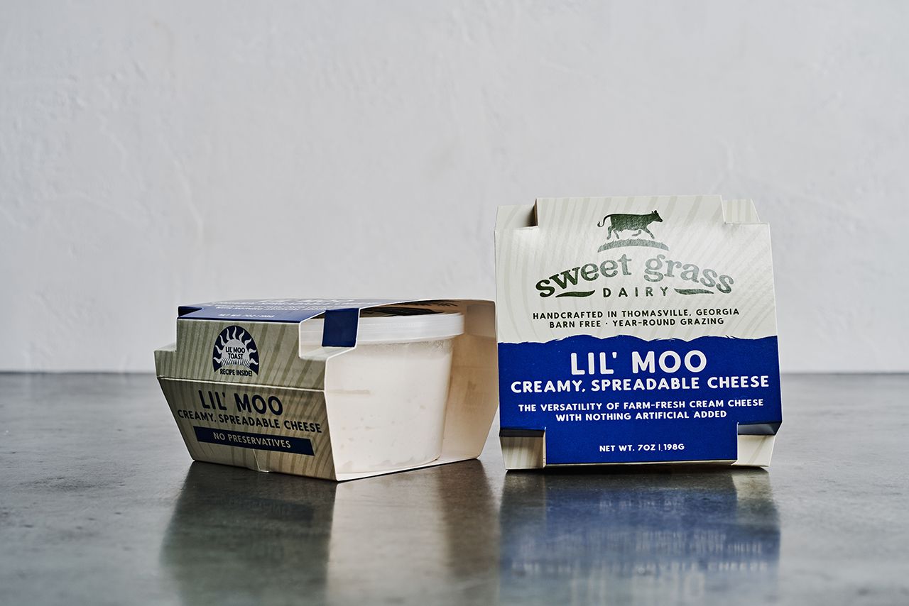 Sweet Grass Dairy's Lil' Moo cheese that is in it's packaging. 