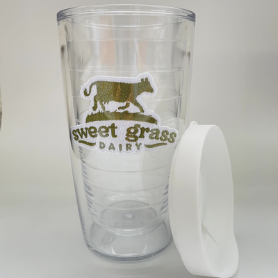 Tervis Tumbler with lid open that highlights the Sweet Grass Dairy logo